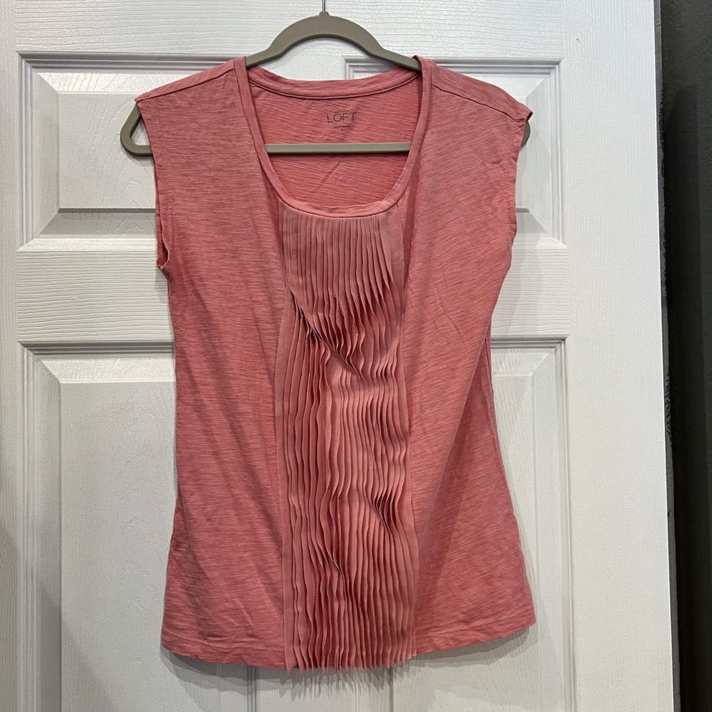 Loft Sleeveless Top Cotton Slub Knit Rose Pink Pleated Chiffon Bib Romantic S